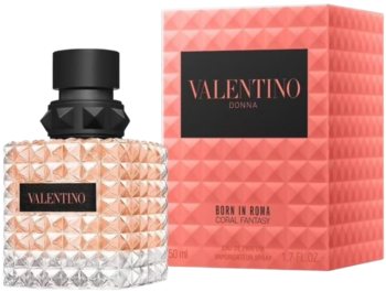 Valentino Donna Born In Roma Coral Fantasy: butelka perfum z koralowymi ćwiekami, obok pudełko w identycznym stylu.