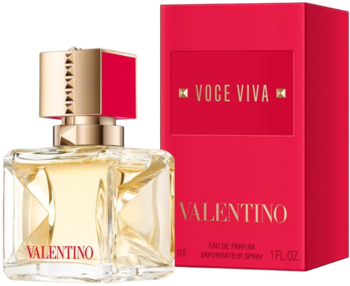 Valentino Voce Viva woda perfumowana dla kobiet w złotej butelce z czerwonym korkiem, obok czerwonego pudełka.