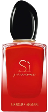 Czerwona butelka perfum Giorgio Armani Sì Passione Intense ze złotym napisem i czarną nakrętką, widok z przodu.