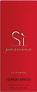 Czerwone, prostokątne pudełko perfum Giorgio Armani Si Passione Eau de Parfum 100 ml, widok z przodu.