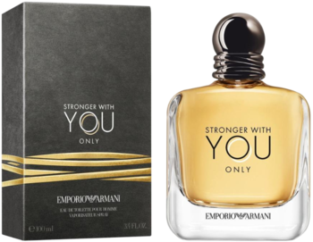 Złota butelka perfum Giorgio Armani Stronger With You Only EDT i czarne pudełko z falistymi liniami, widok z przodu.