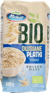 Melvit BIO Płatki Owsiane Górskie 500g, jasny worek z niebieskim paskiem i zielonym logo BIO, widok frontalny.