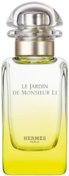 Hermès Le Jardin de Monsieur Li, EDT, przezroczysta butelka z żółtym płynem i żebrowanym, szklanym korkiem.