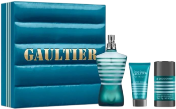Zestaw Jean Paul Gaultier Le Male: turkusowe pikowane pudełko, flakon wody toaletowej, tubka i sztyft.