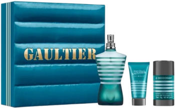 Zestaw Jean Paul Gaultier Le Male: turkusowe pikowane pudełko, flakon wody toaletowej, tubka i sztyft.