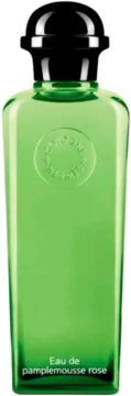 Zielona, przezroczysta butelka Hermès Eau de Pamplemousse Rose, cytrusowa woda kolońska, widok z przodu.