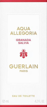 Białe pudełko Guerlain Aqua Allegoria Granada Salvia Eau de Toilette z pszczołą, złotym tekstem.