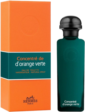 Hermes Concentré d'Orange Verte Eau de Toilette w pomarańczowym pudełku i ciemnozielonej butelce, widok z przodu.