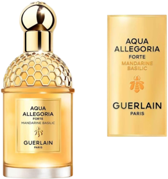 Perfumy Guerlain Aqua Allegoria Forte Mandarine Basilic: złota butelka z plastrem miodu i żółte pudełko.