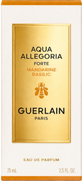 Białe pudełko Guerlain Aqua Allegoria Forte Mandarine Basilic EDP 75 ml, złota etykieta z pszczołą, widok z przodu.