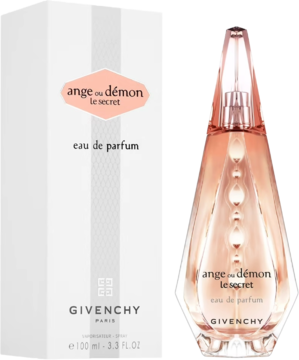 Givenchy Ange ou Démon Le Secret eau de parfum: białe opakowanie i elegancki flakon z różowym płynem, frontowe ujęcie.