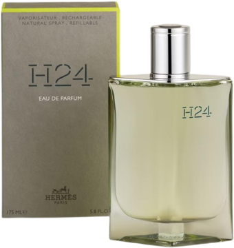 Butelka Hermes H24 Eau de Parfum z zielonkawo-szklanym flakonem obok szarego pudełka z limonkowym akcentem.