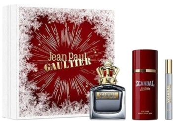 Jean Paul Gaultier Scandal Pour Homme zestaw: czerwone pudełko z efektem szronu, flakon, czerwony spray i fiolka.