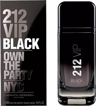 Carolina Herrera 212 VIP Black, czarne perfumy męskie EDP w eleganckim flakonie i matowym pudełku, widok z przodu.