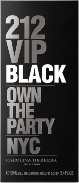 Czarne pudełko perfum 212 VIP Black od Carolina Herrera, widok z przodu, z białymi i srebrnymi napisami.