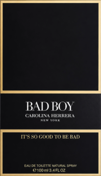 Bad Boy Carolina Herrera, męski zapach, czarne kartonowe opakowanie ze złotym napisem i detalami, widok z przodu.