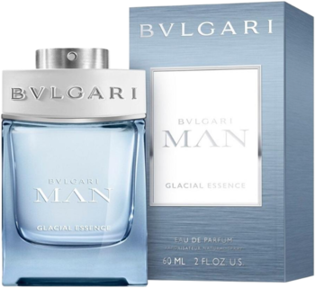 Flakon męskiej wody perfumowanej Bvlgari Man Glacial Essence w jasnoniebieskim szkle, obok pasujące pudełko.