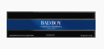 Bad Boy Cobalt Carolina Herrera Eau de Parfum, front view of rectangular black and blue box, white text.