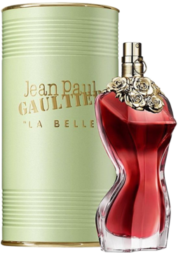 Perfumy Jean Paul Gaultier La Belle: czerwony flakon w kształcie torsu ze złotymi różami, obok zielone pudełko, widok z przodu.