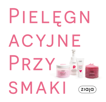 Zestaw Ziaja Pielęgnacyjne Przysmaki, różowy napis, 4 różowe kosmetyki o zapachu truskawkowych pianek.