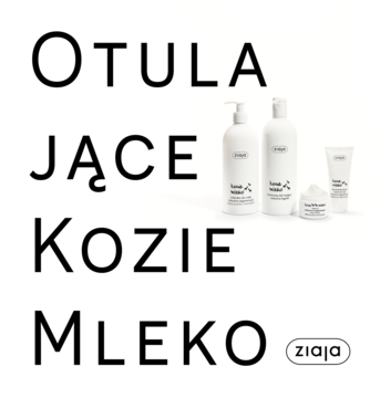 Zestaw Ziaja Kozie Mleko: cztery białe butelki i tubki, widok z przodu, obok duży napis 'OTULAJĄCE KOZIE MLEKO'.