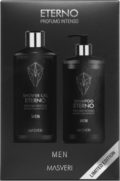 Zestaw Masveri Eterno Limited Edition dla mężczyzn: szampon i żel pod prysznic w czarnych butelkach, widok z przodu.