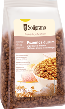 Przezroczysta torebka Soligrano Pšenica durum ekspandowana, miód, kakao i piernik, widok z przodu.