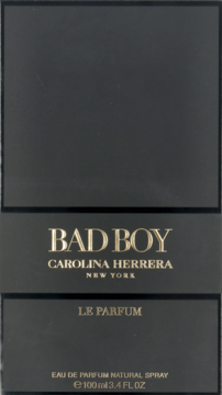 Czarne opakowanie perfum męskich Carolina Herrera Bad Boy Le Parfum 100ml, ze złotym logo, widok z przodu.