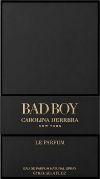 Perfumy męskie Carolina Herrera Bad Boy Le Parfum, czarne matowe opakowanie 100ml ze złotymi napisami, widok z przodu.