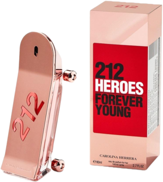 Carolina Herrera 212 Heroes Forever Young EDP. Różowozłota butelka-deskorolka obok dopasowanego pudełka.