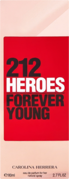 Pionowe pudełko 212 Heroes Forever Young Carolina Herrera woda perfumowana dla kobiet, czerwono-różowe.