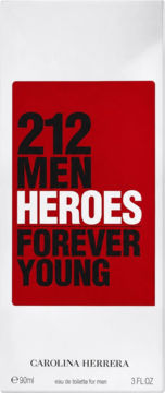 Białe opakowanie perfum 212 Heroes Forever Young Men Carolina Herrera, z czerwonym panelem i tekstem.
