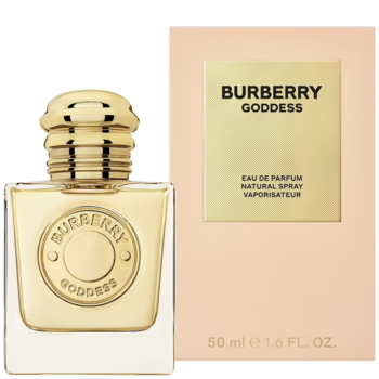 Burberry Goddess woda perfumowana w złotej butelce z medalionem, widok z przodu obok beżowego pudełka.
