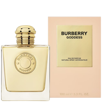 Burberry Goddess EDP: złota butelka z żebrowanym korkiem i beżowe pudełko 100ml, widok z przodu.