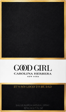 Front opakowania Good Girl Carolina Herrera EDP 80ml, czarno-złote, z hasłem 'IT'S SO GOOD TO BE BAD'.