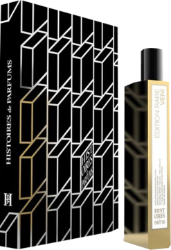 Perfumy Histoires de Parfums Edition Rare Veni: gradientowy flakon i czarno-złote pudełko 3D, widok przód.
