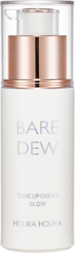 Biała baza pod makijaż Holika Holika Bare Dew Tone Up Cream Glow w butelce z pompką, widok z przodu.