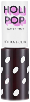 Holika Holika Holi Pop Water Tint do ust, butelka z białym wieczkiem i ciemnoczerwonym korpusem w białe owale.