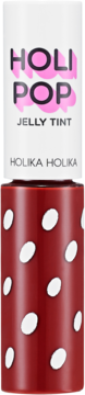 Czerwony tint do ust Holika Holika Holi Pop Jelly Tint w tubce z białymi kropkami, widok z przodu.
