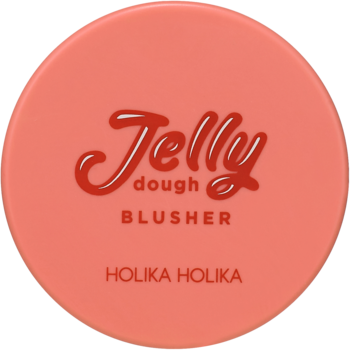 Holika Holika Jelly Dough Blusher, okrągły brzoskwiniowy róż w galaretce, widok z góry, z logo.