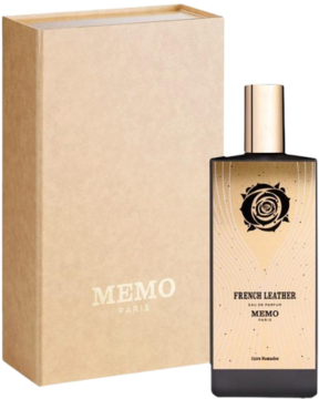 Czarno-złota butelka perfum French Leather Memo Paris z różą obok beżowego pudełka, widok pod kątem.