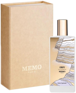 Perfumy Corfu Memo Paris: biała butelka z falistym wzorem obok beżowego, eleganckiego opakowania.