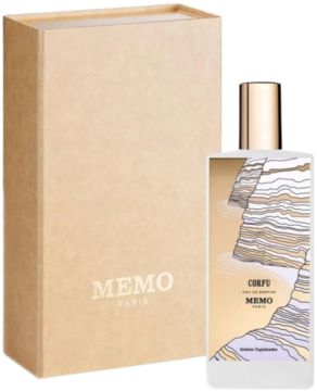Perfumy Corfu Memo Paris: biała butelka z falistym wzorem obok beżowego, eleganckiego opakowania.