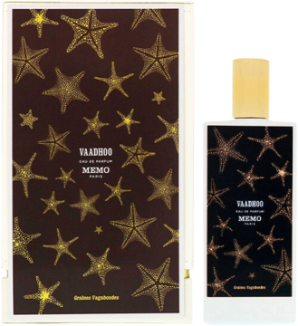 Perfumy Vaadhoo Memo Paris: ciemna butelka i pudełko ze złotymi rozgwiazdami, widok z przodu.