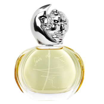 Elegancka butelka perfum Sisley Soir De Lune z żółtym płynem i srebrnym korkiem w kształcie księżyca, widok z przodu.