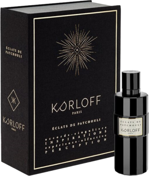 Woda perfumowana Korloff Éclats De Patchouli w czarnej butelce obok pudełka ze złotymi napisami, na jasnym tle.