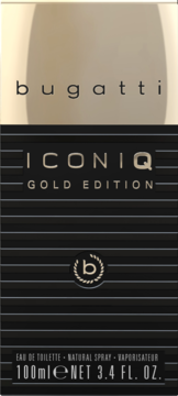 Pionowe, czarno-złote opakowanie perfum Bugatti ICONIQ Gold Edition 100ml Eau de Toilette, widok z przodu.