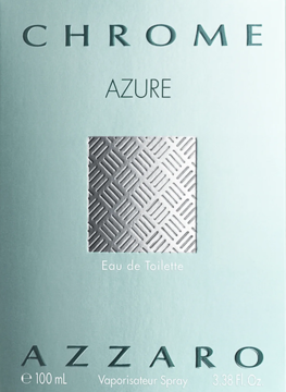 Pudełko Azzaro Chrome Azure Eau de Toilette, jasnoniebieskie z metaliczno-srebrnym, fakturowanym kwadratem.