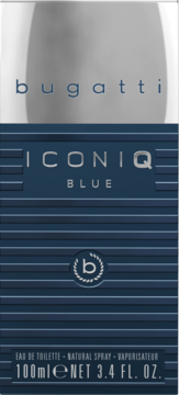 Front granatowo-szarego opakowania perfum Bugatti ICONIQ Blue EDT 100ml z tłoczonymi liniami.