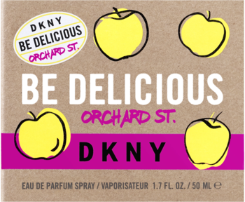 DKNY Be Delicious Orchard St. woda perfumowana, brązowe pudełko z żółtymi jabłkami i różowym napisem.